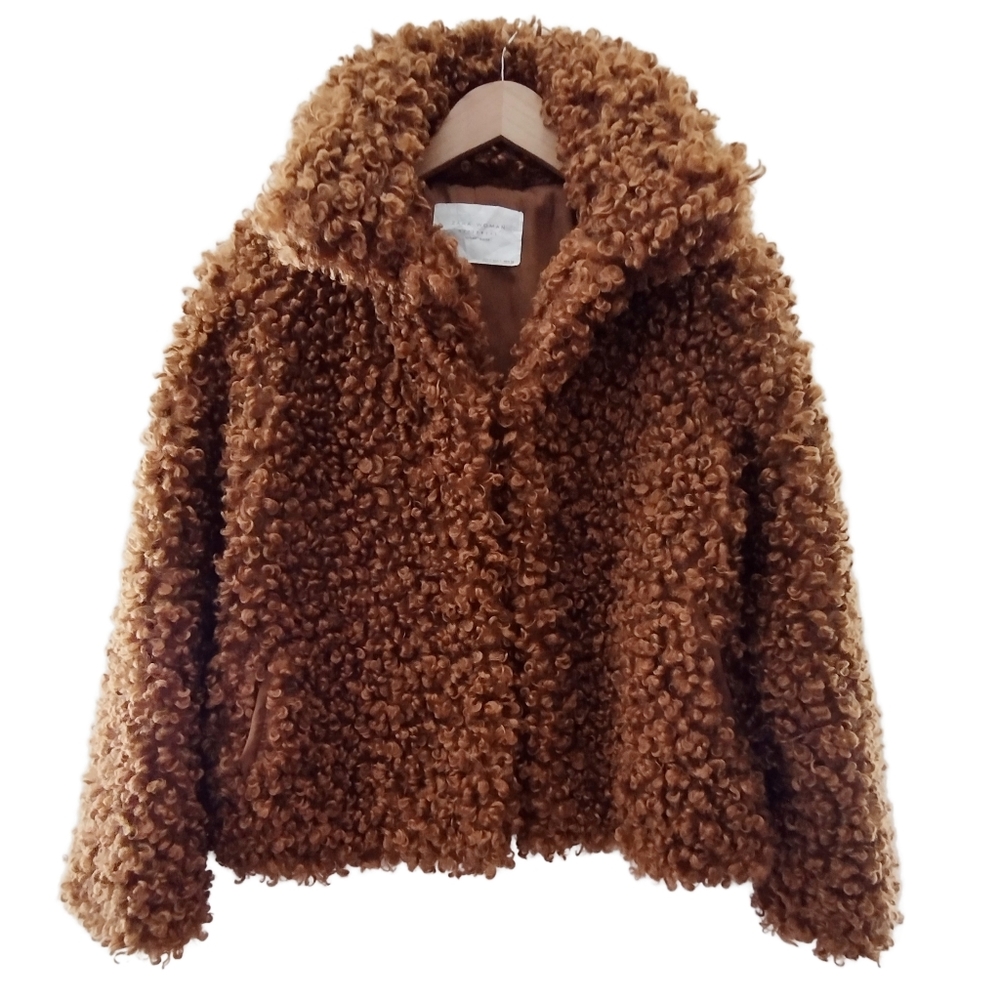 ZARA | Faux Fur Curly Sherpa Brown Lapel Jacket | Women's Small - Picture 2 of 15